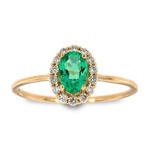 Yellow Gold Oval Green Emerald Halo Diamond Ring